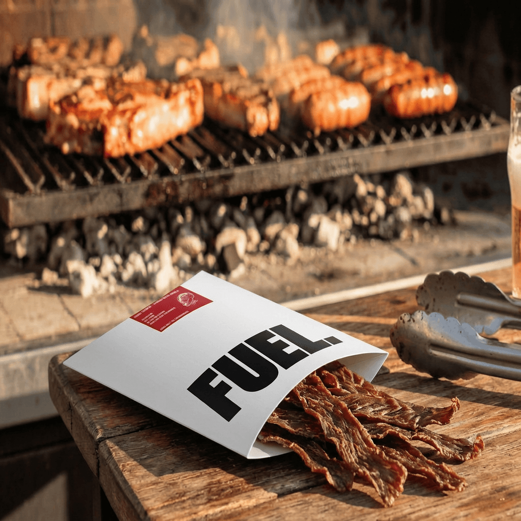 Pack FUEL abierto sobre tabla de madera con la parrilla de fondo